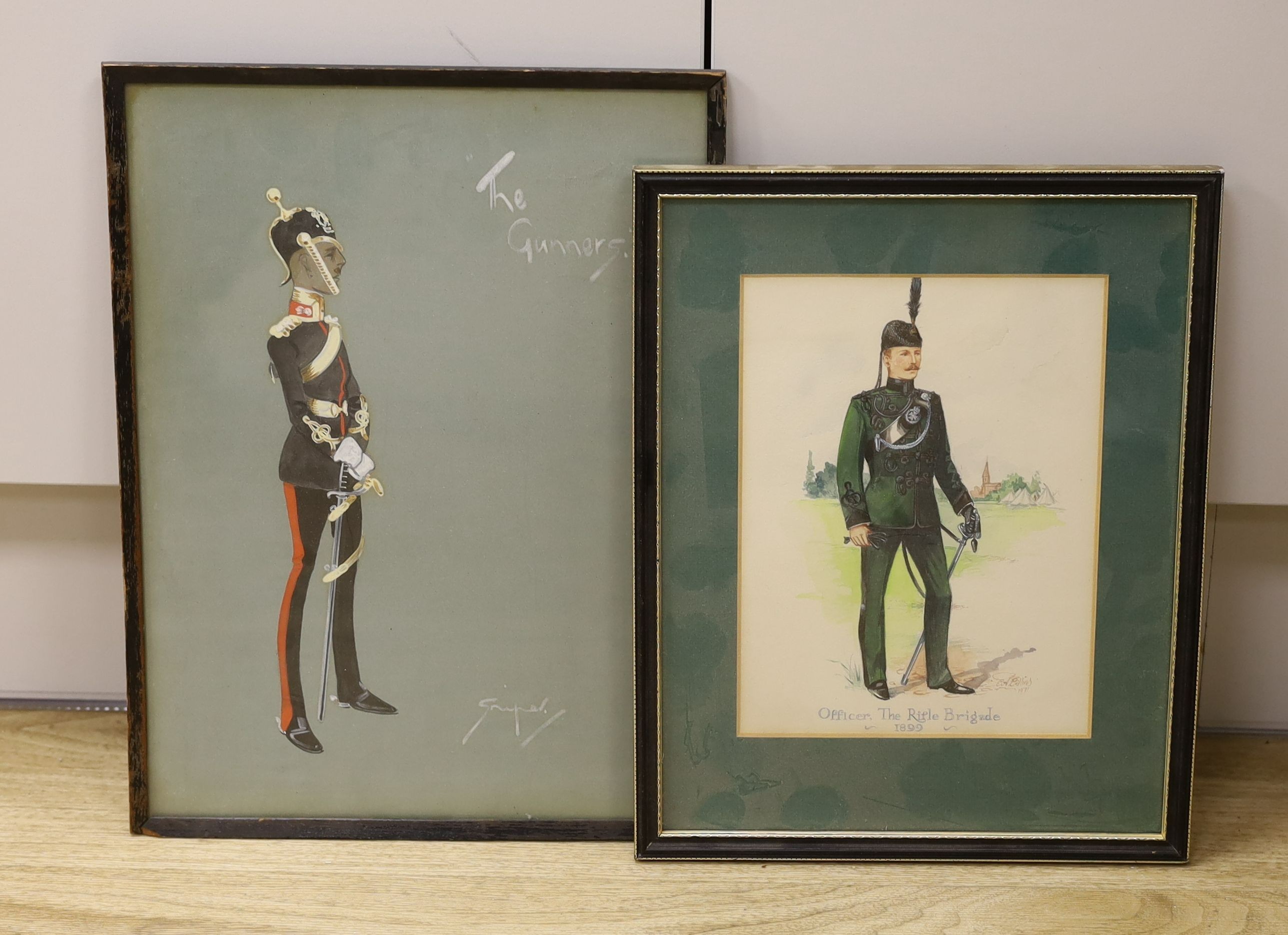 C.A. Collins, watercolour, Officer of the Rifle Brigade 1899, signed and dated 1971, 21 x 16cm and earlier watercolour caricature, The Gunners by Sniper, 34 x 26cm